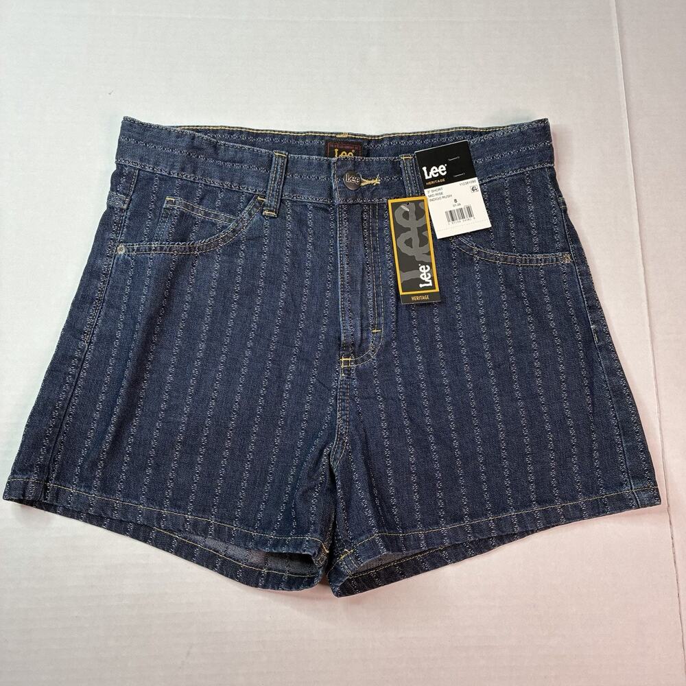 Lee Women’s Regular Fit Mid Rise Denim Shorts Sz 8 Blue White Stripes 3” Inseam